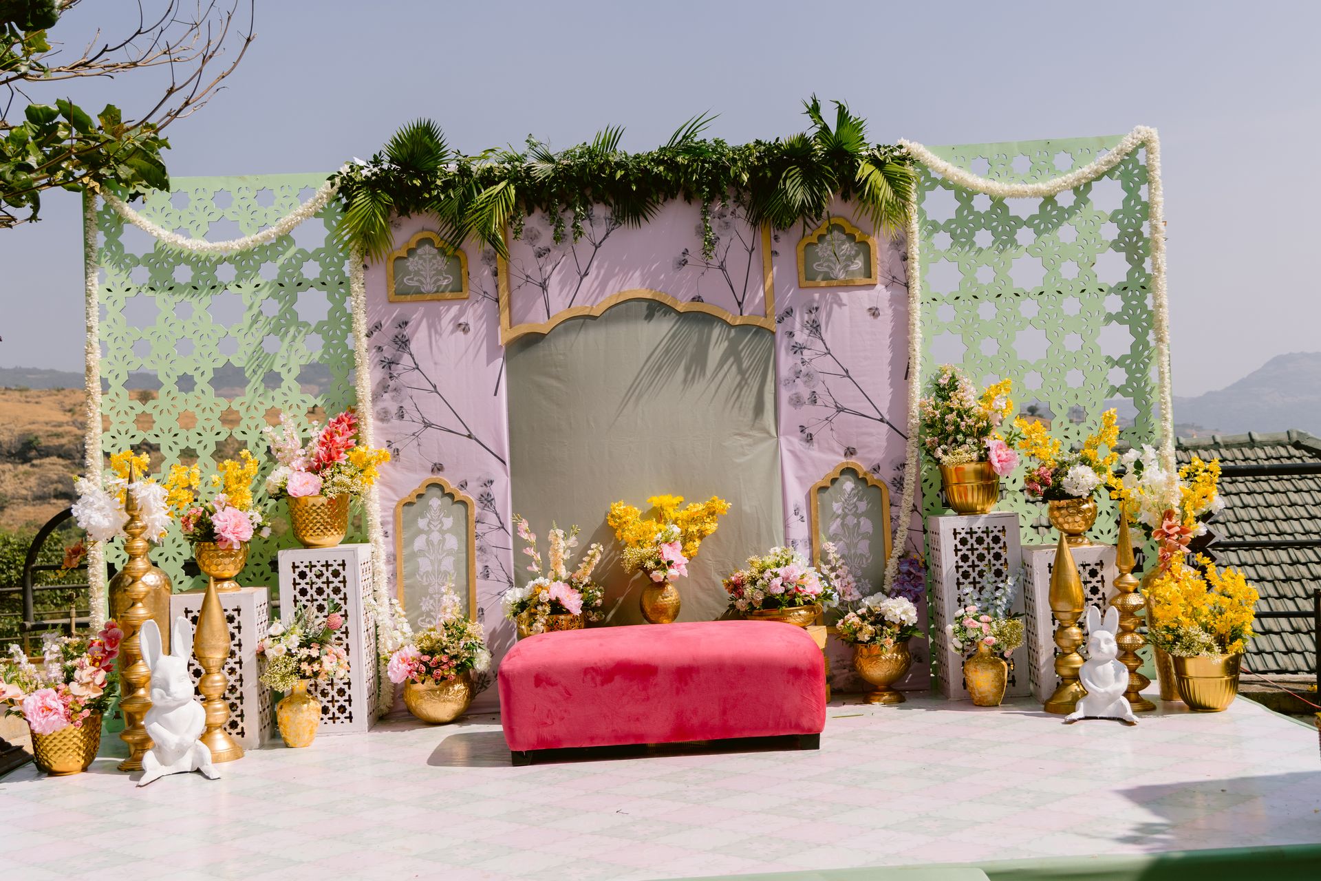 Daytime pastel Haldi ceremony decor Lonavala